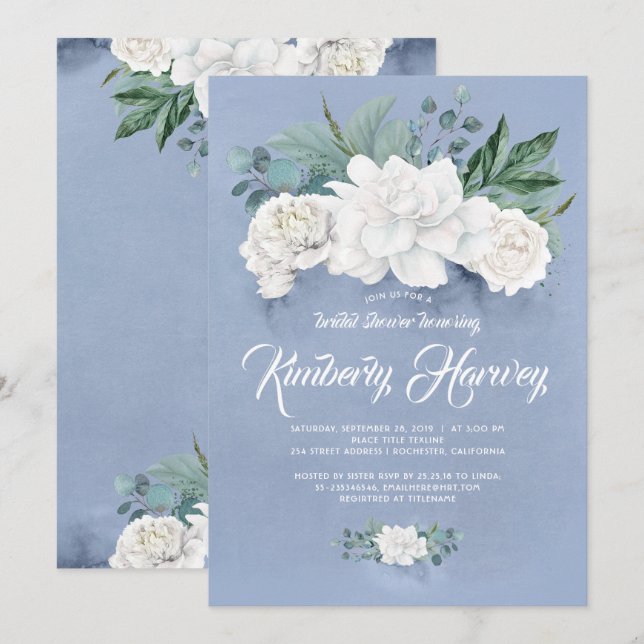 Invitación Flores azules y blancas, ducha de novia (Anverso / Reverso)