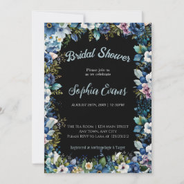 Invitación Flores azules y blancas: ducha de novia negra