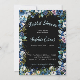 Invitación Flores azules y blancas: ducha de novia negra