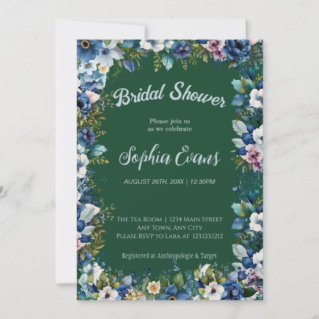 Invitación Flores Azules y Blancas Ducha Nupcial Verde (Anverso)