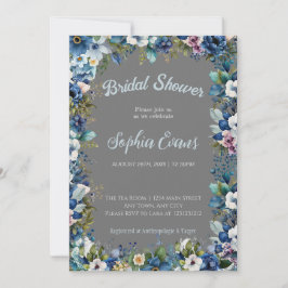 Invitación Flores azules y blancas duchas de novia grises