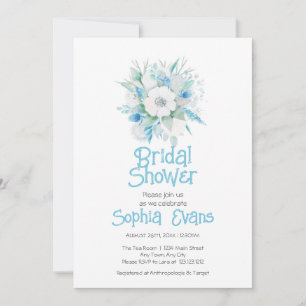 Invitación Flores azules y blancas duchas de novias blancas