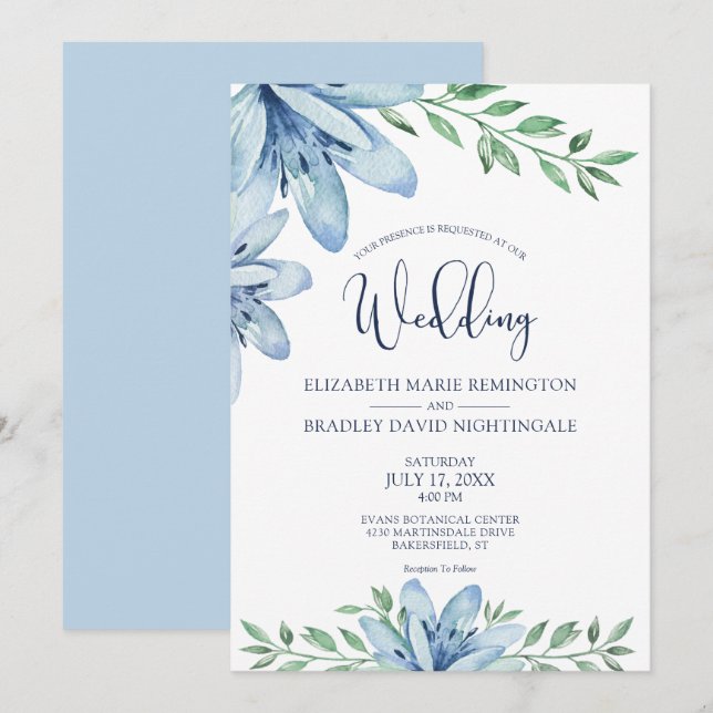 Invitación Flores azules y Boda de la vegetación (Anverso / Reverso)