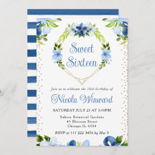 Invitación Flores azules y de la marina de corazón dulce de c