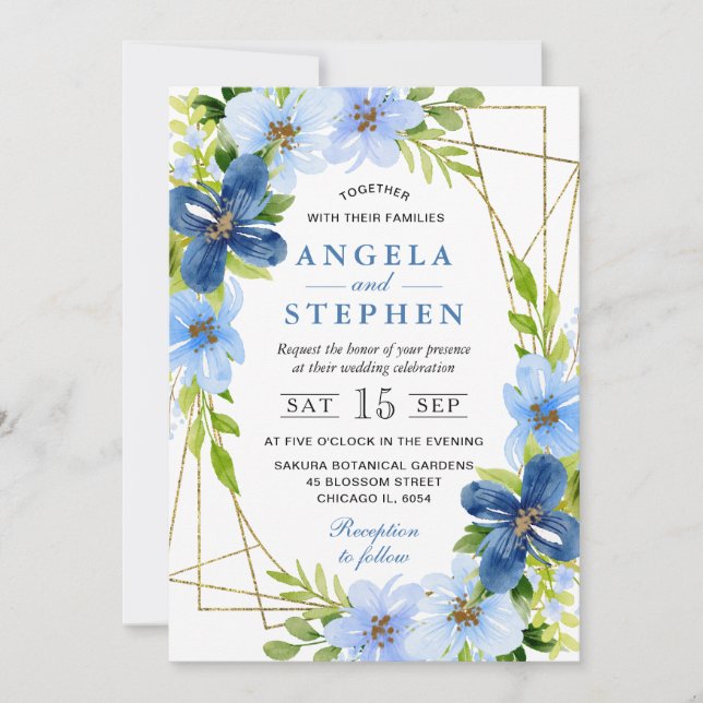 Invitación Flores Azules y de Marina Marco Dorado Boda (Anverso)