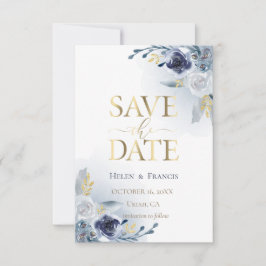 Invitación flores azules y detalles de oro falso | guardar la