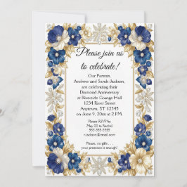 Invitación Flores Azules y Diamantes 75 Aniversario