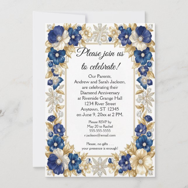 Invitación Flores Azules y Diamantes 75 Aniversario (Anverso)