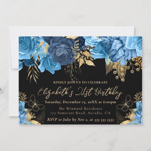 Invitación Flores azules y doradas de acuarela Cumpleaños 21 (Anverso)