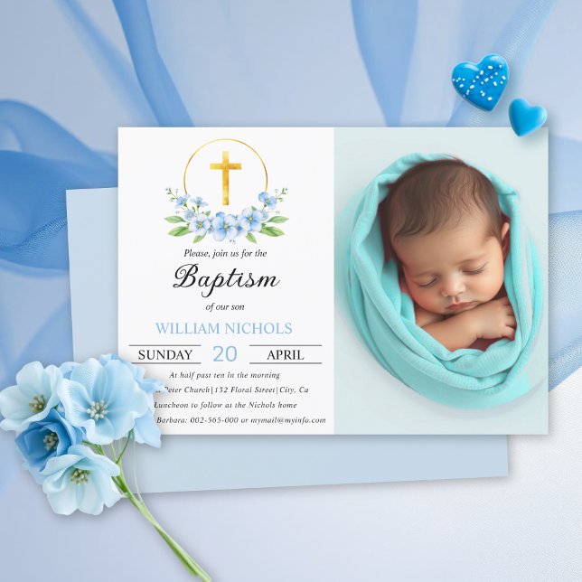 Invitación Flores azules y foto de bautismo de travesía dorad (Subido por el creador)