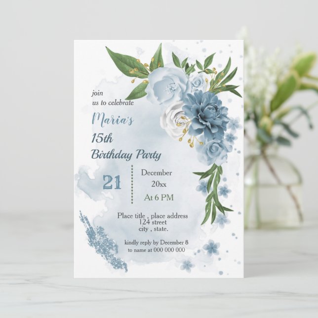 Invitación flores azules y hojas verdes cumpleaños (Anverso de pie)