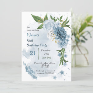 Invitación flores azules y hojas verdes cumpleaños