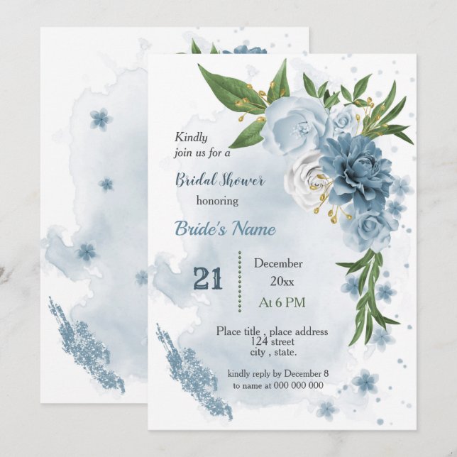 Invitación flores azules y hojas verdes ducha de novia (Anverso / Reverso)