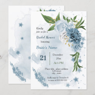 Invitación flores azules y hojas verdes ducha de novia