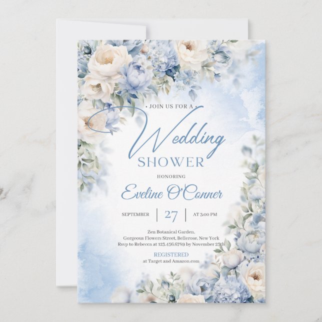 Invitación Flores azules y marfil en invierno ducha de matrim (Anverso)