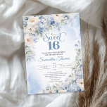 Invitación Flores azules y marfil en invierno dulces 16<br><div class="desc">Boho Elegant Winter Dusty Blue and Ivory Flowers 16 invitaciones dulces, Este impresionante diseño floral de estilo boho azul brillante con colores acuáticos hidrato a mano azul polvoriento hidrangea mezcla flores azul claro y rosas crema, flores blancas y un moderno y moderno estilo de escritura caligráfica. Т su irresistible sinfonía...</div>