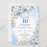 Invitación Flores azules y marfil en invierno dulces 16<br><div class="desc">Boho Elegant Winter Dusty Blue and Ivory Flowers 16 invitaciones dulces, Este impresionante diseño floral de estilo boho azul brillante con colores acuáticos hidrato a mano azul polvoriento hidrangea mezcla flores azul claro y rosas crema, flores blancas y un moderno y moderno estilo de escritura caligráfica. Т su irresistible sinfonía...</div>