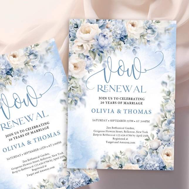 Invitación Flores azules y marfileñas de invierno prometen re (Chic watercolor dusty blue and ivory flowers vow renewal invitation)