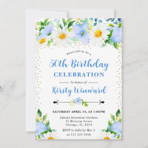 Invitación Flores Azules y Margaritas Foto cumpleaños 50
