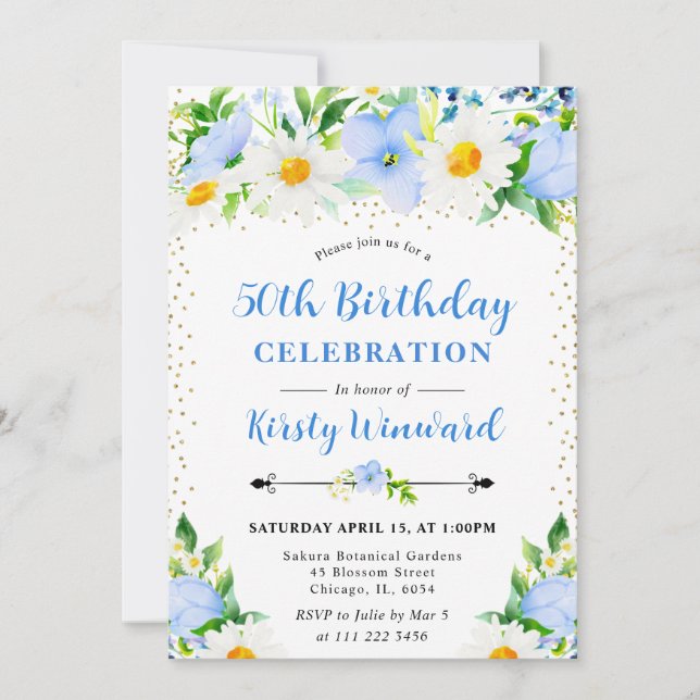 Invitación Flores Azules y Margaritas Foto cumpleaños 50 (Anverso)