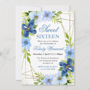Invitación Flores Azules y Marineras Marco Dorado Cumple Dulc