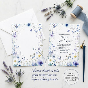 Invitación Flores azules y mariposas boda en blanco