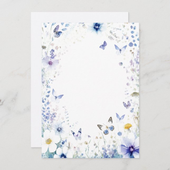 Invitación Flores azules y mariposas boda en blanco (Anverso / Reverso)