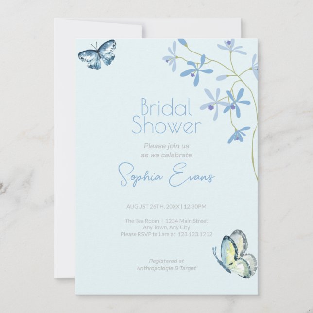 Invitación Flores azules y mariposas ducha azul de novia (Anverso)