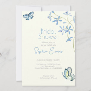 Invitación Flores azules y mariposas ducha de novia amarilla