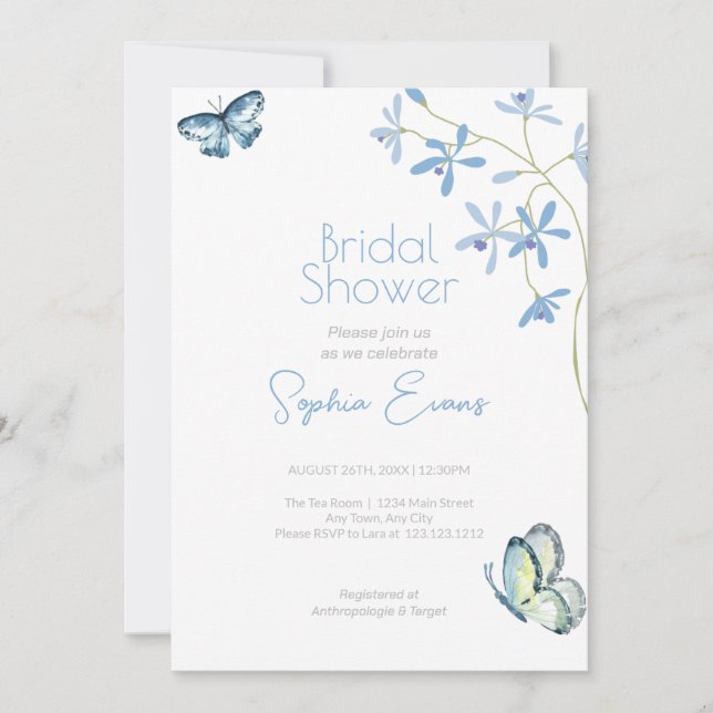 Invitación Flores azules y mariposas ducha de novia blanca (Anverso)
