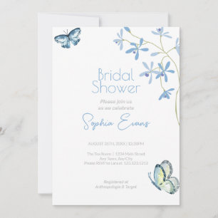Invitación Flores azules y mariposas ducha de novia blanca