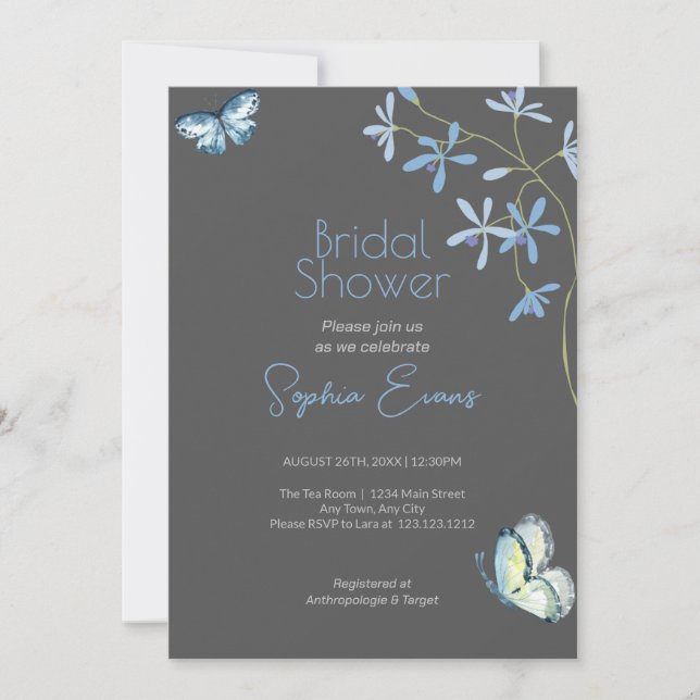 Invitación Flores azules y mariposas ducha de novia gris (Anverso)