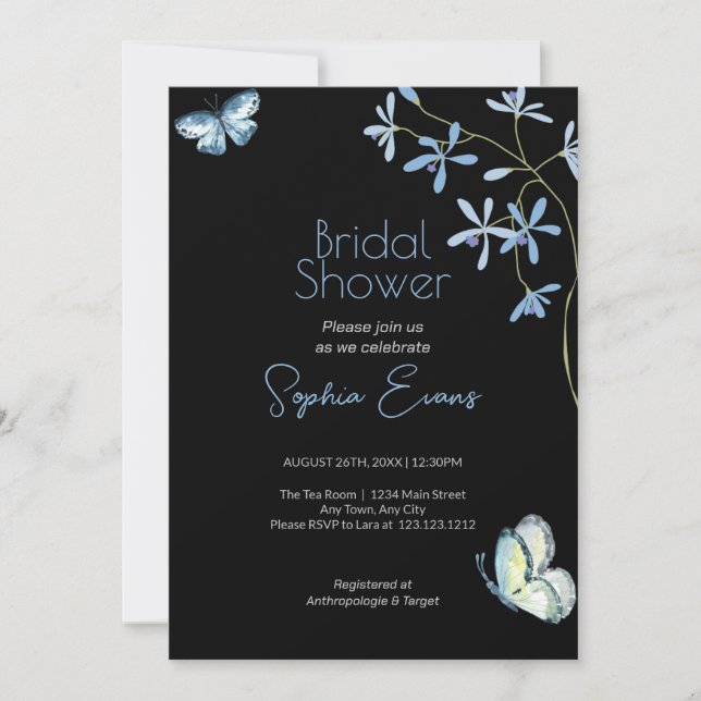 Invitación Flores azules y mariposas ducha de novia negra (Anverso)