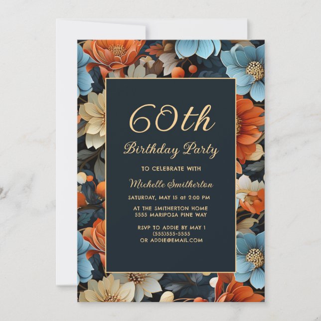 Invitación Flores Azules y Naranjas para Cumpleaños de Cualqu (Anverso)