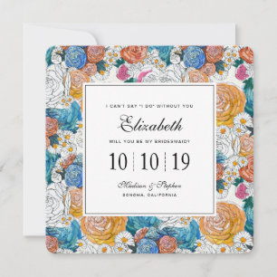 Invitación Flores azules y Naranjas pintadas a mano - Novia