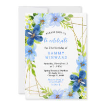 Flores Azules y Navy con Cumpleaños de Follaje