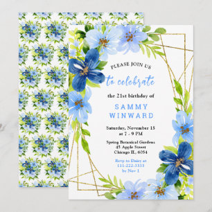 Invitación Flores Azules y Navy con Cumpleaños de Follaje