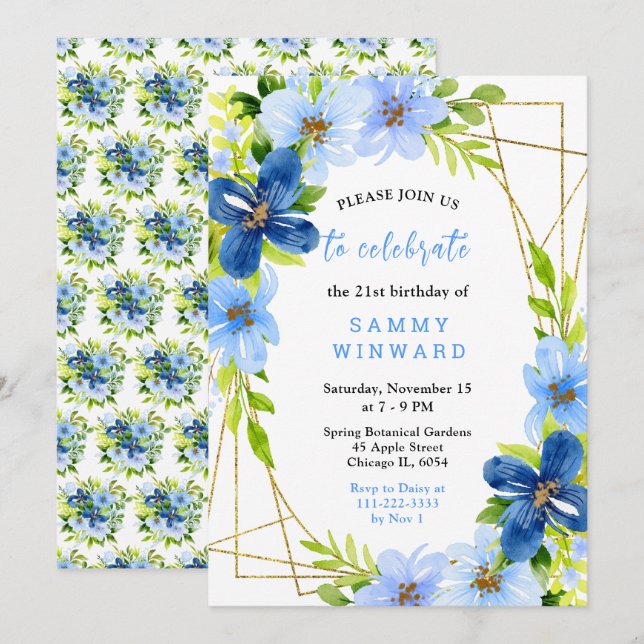 Invitación Flores Azules y Navy con Cumpleaños de Follaje (Anverso / Reverso)