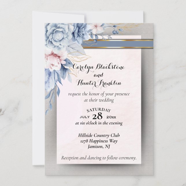 Invitación Flores Azules y Rosadas en Boda Rosa y Gris (Anverso)