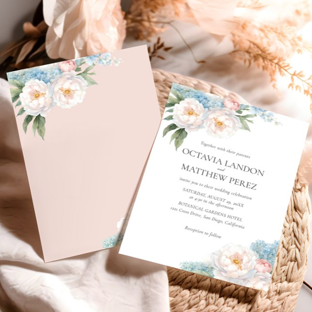 Invitación Flores azules y rosas suaves botánicas clásicas (Subido por el creador)