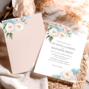 Invitación Flores azules y rosas suaves botánicas clásicas