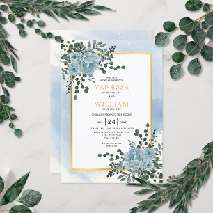 Invitación Flores azules y turbias, hojas de boda invernal fl