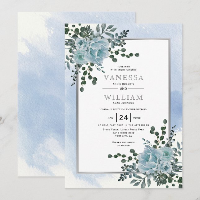 Invitación Flores azules y turbias, hojas de boda invernal fl (Anverso / Reverso)