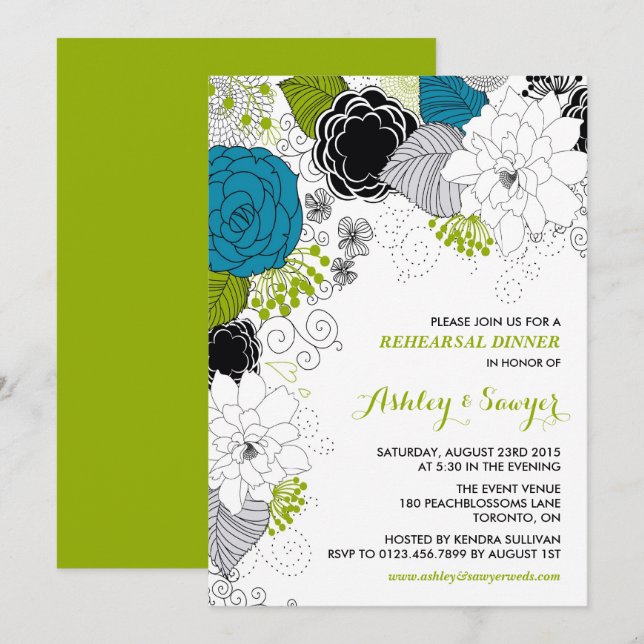 Invitación Flores azules y verdes singulares ensayo Cena (Anverso / Reverso)