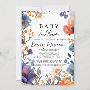 Invitación flores Baby Shower rojo y azul