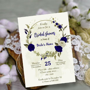 Invitación Flores beige azul real ducha de novia botánica
