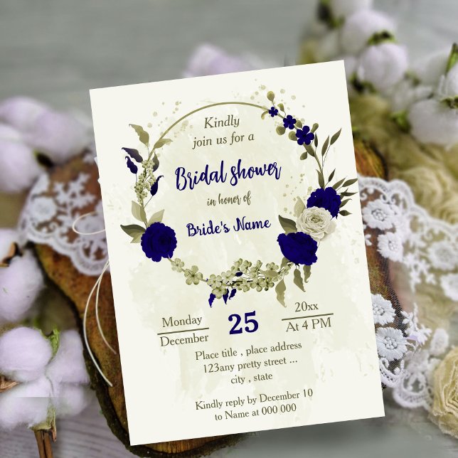 Invitación Flores beige azul real ducha de novia botánica (Subido por el creador)