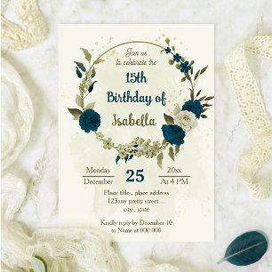 Invitación Flores beige azul verde azuladas cumpleaños botáni
