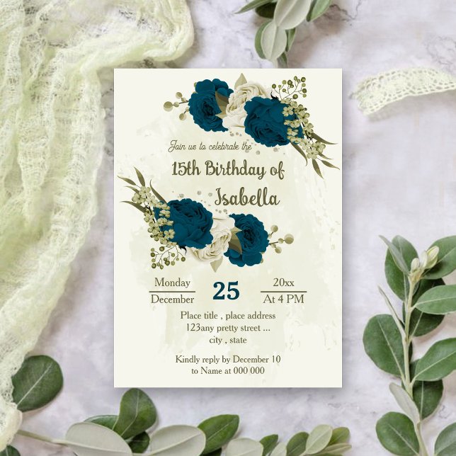 Invitación Flores beige azul verde azuladas cumpleaños botáni (Subido por el creador)