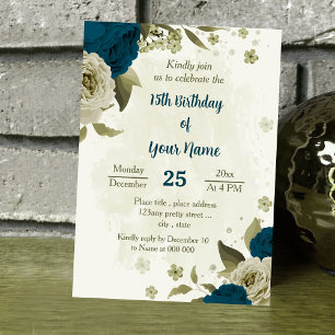 Invitación Flores beige azul verde azuladas cumpleaños botáni